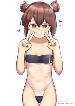 1girl absurdres blush breasts brown_eyes brown_hair collarbone commentary_request covered_navel cowboy_shot dated double-parted_bangs double_bun double_v gris_swimsuit hair_between_eyes hair_bun haruno_plum heart highres kantai_collection looking_at_viewer medium_hair one-piece_swimsuit open_mouth see-through_clothes see-through_one-piece_swimsuit sidelocks simple_background small_breasts solo standing stomach strapless strapless_one-piece_swimsuit swimsuit tan_yang_(kancolle) teeth thigh_gap twitter_username v white_background yukikaze_(kancolle)