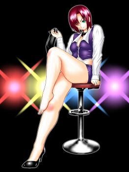 1girl barefoot feet green_eyes highres looking_at_viewer medium_hair one_eye_closed red_hair rio_rollins shoes sitting smile somaria stool super_blackjack toes unworn_shoes wink