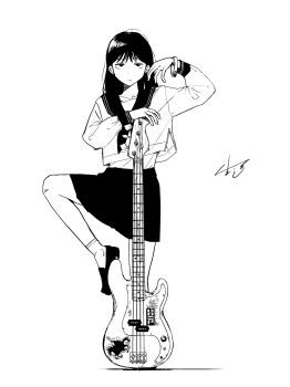 Rule 34 | 1girl, bass guitar, greyscale, highres, holding, holding bass guitar, holding instrument, instrument, long hair, long sleeves, monochrome, original, school uniform, seikatsu (s pilotfilm), serafuku, signature, simple background, skirt, socks, solo, standing