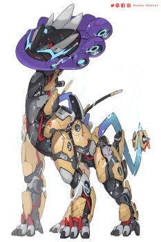 animal_focus artist_name black_sclera blue_eyes colored_sclera commentary electricity english_commentary facebook_logo facebook_username full_body highres instagram_logo instagram_username mecha mechanization nintendo no_humans pixiv_logo pixiv_username pokemon pokemon_(creature) raging_bolt robot simple_background solo standing twitter_logo twitter_username white_background xezeno