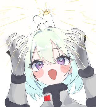 1girl animal animal_on_head blue_archive blush blush_stickers commentary crown fang fur_trim gloves green_hair grey_gloves hair_between_eyes highres looking_at_viewer medium_hair on_head open_mouth pfiff purple_eyes shigure_(blue_archive) short_hair simple_background skin_fang smile solo weasel_girl white_background