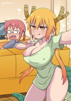 2girls absurdres annoyed blonde_hair breasts constricted_pupils couch covered_erect_nipples dragon_girl dragon_horns dragon_tail eyelashes feet_out_of_frame gradient_hair green_scales green_shirt hand_up highres horns indoors kobayashi-san_chi_no_maidragon kobayashi_(maidragon) large_breasts looking_at_another looking_at_viewer looking_back multicolored_hair multiple_girls naughty_face nipple_slip nipples orange_eyes orange_hair outstretched_arm prokylan red_hair scales scared selfie shirt slit_pupils smile smug solo_focus t-shirt tail tohru_(maidragon) tongue tongue_out twintails two-tone_hair v