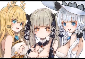3girls azur_lane bare_shoulders black_bridal_gauntlets blonde_hair blue_eyes blue_flower blue_rose blunt_bangs blush breasts bridal_gauntlets commentary_request detached_collar dress elbow_gloves flower formidable_(azur_lane) frilled_dress frills gloves gothic_lolita grey_hair hair_ribbon halter_dress halterneck hat highres illustrious_(azur_lane) large_breasts laurel_crown letterboxed lolita_fashion long_hair long_sidelocks looking_at_viewer low_ponytail multiple_girls nyucha open_mouth orange_eyes ponytail ribbon ringed_eyes rose sidelocks simple_background sleeveless sleeveless_dress smile strapless strapless_dress sun_hat twintails upper_body very_long_sidelocks victorious_(azur_lane) white_background white_dress white_gloves white_hat