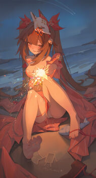 1girl absurdres bare_shoulders barefoot beach feet fireworks highres holding holding_fireworks honkai:_star_rail honkai_(series) night open_mouth sand sitting solo sparkle_(honkai:_star_rail) sparkler thighs underwear zhishuixy