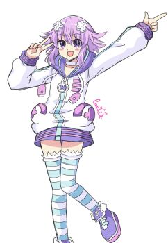 Rule 34 | 1girl, artist name, choker, d-pad, d-pad hair ornament, hair ornament, highres, matching hair/eyes, neptune (neptunia), neptune (series), open mouth, parka, purple eyes, purple hair, short hair, simple background, striped legwear, v, white background