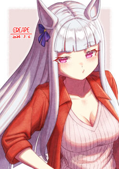 animal_ears blunt_bangs blush bow breasts casual cleavage closed_mouth collarbone commentary_request creape ear_bow ear_ribbon gold_ship_(casual)_(umamusume) gold_ship_(umamusume) grey_hair highres horse_ears horse_girl jacket long_hair long_sleeves looking_at_viewer medium_breasts no_headwear open_clothes open_jacket purple_bow purple_eyes red_jacket shirt sweater umamusume upper_body white_sweater
