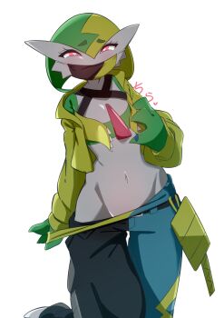 backlighting bandeau belt blonde_hair bob_cut canari_(pokemon) canari_(pokemon)_(cosplay) clothed_pokemon clothes_pull colored_skin cosplay cropped_jacket flat_chest gardevoir gen_3_pokemon green_hair green_skin groin hair_between_eyes half-closed_eyes heart heart-shaped_pupils jacket japanese_text leg_up long_sleeves looking_at_viewer m3_(gardevoir_m3) mask mouth_mask multicolored_hair multicolored_skin navel nintendo open_clothes open_jacket open_shirt pants pants_pull pink_eyes pokemon pokemon_(creature) pulling_own_clothes raised_eyebrows short_hair simple_background standing standing_on_one_leg stomach symbol-shaped_pupils thumb_in_beltline translation_request two-tone_hair two-tone_pants two-tone_skin undressing white_background white_skin yellow_bandeau yellow_jacket