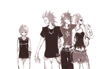 Rule 34 | 1girl, 3boys, alternate costume, antenna hair, arm around neck, arm warmers, axel (kingdom hearts), belt, bracelet, bubble, casual, chain, checkered clothes, chewing gum, commentary, crop top, ear piercing, earrings, english commentary, facial mark, facing to the side, glasses, greyscale, hand on another's arm, hands in pockets, height difference, hood, hoodie, hoop earrings, illbewaiting, jewelry, kingdom hearts, kingdom hearts ii, larxene, long hair, looking at another, male focus, marluxia, medium hair, monochrome, multiple boys, multiple piercings, nail polish, necklace, pants, pendant, piercing, roxas, shirt, short hair, shorts, simple background, single arm warmer, sleeveless, sleeveless hoodie, smile, spaghetti strap, spiked hair, sunglasses, t-shirt, upper body, white background