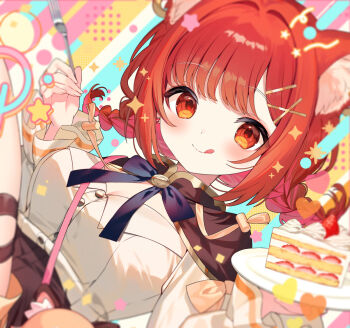 1girl :p animal_ears ayame_(3103942) blue_ribbon bow braid breasts brown_capelet bustier cake capelet cat_ears cat_girl character_request close-up copyright_request food fork gold_trim gradient_eyes hair_intakes hair_ornament high_collar holding holding_fork large_breasts light_blush long_sleeves multicolored_eyes neck_ribbon orange_eyes plate red_eyes red_hair ribbon shirt_tucked_in short_hair sidelocks simple_background smile solo star_(symbol) strawberry_shortcake tongue tongue_out twin_braids upper_body white_bustier x_hair_ornament yellow_bow