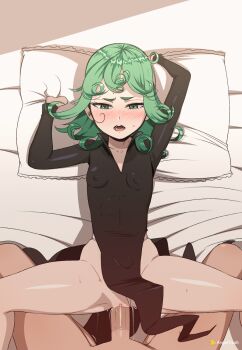 1boy 1girl angelyeah animated animated_gif bed bed_sheet black_dress breasts dress green_eyes green_hair hetero highres looping_animation missionary one-punch_man panties penis petite pillow pussy sex small_breasts swimsuit tatsumaki testicles thong uncensored underwear vaginal