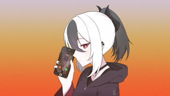 Rule 34 | 1girl, black choker, black hair, black hoodie, black horns, black nails, blue archive, cellphone, choker, closed mouth, collarbone, commentary, demon horns, ear piercing, faker (person), gradient background, hair between eyes, highres, holding, holding phone, hood, hood down, hoodie, horns, kayoko (blue archive), lenslans, long sleeves, looking at viewer, multicolored hair, no halo, phone, piercing, ponytail, red eyes, sidelocks, smartphone, solo, t1 (esports), two-tone hair, upper body, white hair