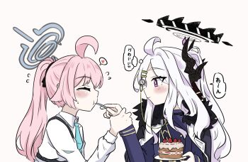 Rule 34 | 2girls, ahoge, black halo, black horns, blue archive, blue halo, blue jacket, blue necktie, cake, closed eyes, closed mouth, collared shirt, commentary request, demon girl, demon horns, e v e neko, feeding, flying sweatdrops, food, from side, hair ornament, hairclip, halo, heart, highres, hina (blue archive), holding, holding spoon, horns, hoshino (blue archive), jacket, long hair, long sleeves, multiple girls, necktie, parallel hairclips, pink hair, ponytail, puffy long sleeves, puffy sleeves, purple eyes, shirt, speech bubble, spoken heart, spoon, thought bubble, translation request, upper body, white hair, white shirt, yuri