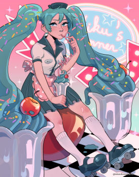 1girl absurdres apron aqua_background aqua_hair aqua_hat aqua_shoes aqua_skirt aqua_trim beebeedibapbeediboop blush character_name checkered_floor cherry commentary crazy_straw cup drinking drinking_straw food fruit full_body gradient_background hair_as_food hat hatsune_miku highres holding holding_cup holding_straw long_hair looking_up milkshake milkshake_glass name_tag oversized_food oversized_object pink_apron pink_background pleated_skirt roller_skates shirt shoes short_sleeves sitting_on_food skates skirt socks solo sparkle sprinkles star_(symbol) twintails twitter_username very_long_hair vocaloid white_shirt white_socks
