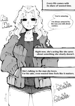 ... 1girl breasts commentary denim denim_shorts english_commentary english_text girls_und_panzer greyscale hands_in_pockets highres jacket kay_(girls_und_panzer) large_breasts light_blush long_hair looking_at_viewer monochrome shorts smile solo speech_bubble tagme yamarium