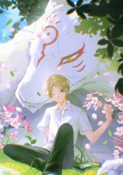 Rule 34 | 1boy, arm up, black pants, brown hair, closed mouth, collared shirt, commentary request, flower, grass, highres, leaf, looking to the side, madara (natsume yuujinchou), male focus, natsume takashi, natsume yuujinchou, one eye closed, open collar, outdoors, pants, parted hair, petals, pink flower, plant, shirt, short sleeves, sideways glance, sitting, sky, slit pupils, smile, solo, veon, whiskers, white shirt, wing collar, yellow eyes