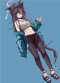 1girl ahoge animal_ears bare_shoulders baseball_cap black_choker black_hair black_pants black_sandals blue_background blue_jacket choker commentary_request crop_top ear_tag earrings ears_through_headwear hair_between_eyes hair_tubes hat horse_ears horse_girl horse_tail jacket jacket_partially_removed jewelry long_bangs long_hair long_hair_between_eyes long_sleeves looking_at_viewer manhattan_cafe_(umamusume) midriff multicolored_hair navel open_clothes open_jacket pants parted_lips sandals shirt simple_background single_earring sleeveless sleeveless_shirt smile solo tail umamusume very_long_hair white_hair white_shirt yanagi_wakana yellow_eyes