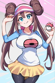1girl adjusting_clothes adjusting_headwear black_pantyhose blue_eyes blush breasts brown_hair closed_mouth collarbone commentary_request donut_hair_bun double_bun hair_bun hat highres holding holding_poke_ball large_breasts long_hair looking_at_viewer nbnbmanamin nintendo pantyhose pantyhose_under_shorts poke_ball poke_ball_(basic) poke_ball_print pokemon pokemon_black_2_and_white_2 raglan_sleeves rosa_(pokemon) shirt shorts smile solo tongue tongue_out twintails visor_cap yellow_shorts