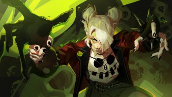 1girl absurdres arms_up asymmetrical_bangs black_gloves black_nails bracelet closed_mouth commentary deadlock_(game) disembodied_hand double_bun english_commentary faux_traditional_media fingerless_gloves gloves graves_(deadlock) green_background green_eyes hair_bun hair_over_one_eye highres holding_limb jacket jeremy_anninos jewelry looking_at_viewer medium_hair nail_polish open_clothes open_jacket outstretched_arm painterly red_jacket shirt skull solo spiked_bracelet spiked_sleeves spikes sunglasses upper_body white_hair white_shirt