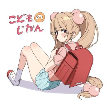 1girl ankle_socks artist_request backpack bag blonde_hair blue_skirt blush brown_eyes closed_mouth hair_bobbles hair_ornament knee_blush kodomo_no_jikan kokonoe_rin long_hair looking_at_viewer miniskirt pink_shirt pleated_skirt randoseru shirt short_sleeves skirt socks solo sphere_hair_ornament twintails very_long_hair white_background white_socks