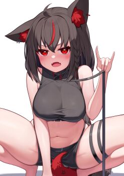 1girl absurdres ahoge animal_ear_fluff animal_ears bare_arms bare_shoulders barefoot black_collar black_hair black_shirt black_shorts blush breasts collar commentary_request crop_top deaver fangs fox_ears fox_girl fox_shadow_puppet fox_tail highres holding holding_leash hololive kurokami_fubuki large_breasts leash looking_at_viewer medium_hair multicolored_hair navel open_mouth pentagram red_eyes red_hair shirt short_shorts shorts simple_background sleeveless sleeveless_shirt solo squatting stomach streaked_hair sweatdrop tail thigh_strap thighs tiptoes virtual_youtuber white_background