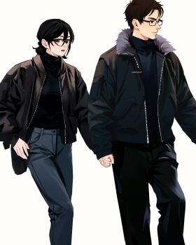 Rule 34 | 1boy, 1girl, artist name, black jacket, black pants, black shirt, blue pants, commentary, couple, cowboy shot, denim, english commentary, eren yeager, facial scar, feet out of frame, fur-trimmed jacket, fur trim, glasses, hair between eyes, hair bun, hetero, highres, holding hands, jacket, jeans, leather, leather jacket, medium hair, mikasa ackerman, pants, parted bangs, parted lips, scar, scar on cheek, scar on face, shingeki no kyojin, shirt, short hair, sumiensp, turtleneck, updo, white background