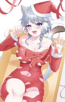 1girl absurdres animal_ears blue_eyes box breasts cardboard_box cat_ears cat_girl cat_tail cipher_(honkai:_star_rail) commentary_request grey_hair hat highres honkai:_star_rail honkai_(series) large_breasts looking_at_viewer naked_ribbon navel nekoto_728 open_mouth red_hat ribbon santa_hat short_hair solo tail