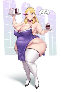 Rule 34 | 1girl, absurdres, ass, bad id, bad twitter id, bare hips, black footwear, blonde hair, blush, breasts, cake, choker, cleavage, dress, english text, facing viewer, fat, fat woman, food, hair ribbon, high heels, highres, huge ass, large breasts, long hair, looking at viewer, no panties, open mouth, original, plump, princess, purple dress, purple eyes, ribbon, ribbon choker, shadow, sideboob, sideless outfit, solo, split bangs, standing, thick thighs, thighhighs, thighs, tiara, toroboro, white background, white thighhighs, wide hips, windows