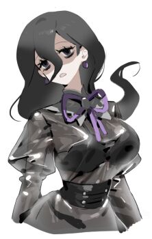 1girl alternate_breast_size_(larger) bags_under_eyes black_bra black_corset black_dress black_hair bow bra bra_visible_through_clothes breasts corset dress earrings floating_hair hair_between_eyes hex_maniac_(pokemon) hex_maniac_(pokemon_legends:_z-a) jewelry juliet_sleeves large_breasts long_hair long_sleeves looking_at_viewer nintendo open_mouth pokemon pokemon_legends:_z-a puffy_sleeves purple_bow purple_eyes raine_(acke2445) shaded_face simple_background solo underwear white_background