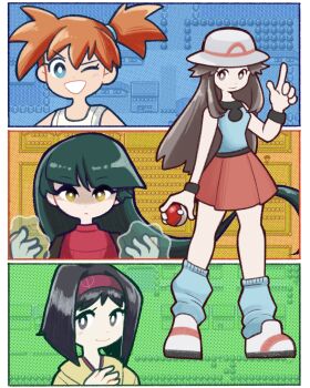 4girls ;d asymmetrical_hair black_hair blue_eyes blue_shirt blue_socks bright_pupils brown_eyes brown_hair bucket_hat closed_mouth crabpinches erika_(pokemon) gloves green_hair hair_tie hairband hand_up hat highres holding holding_poke_ball index_finger_raised japanese_clothes kimono leaf_(pokemon) long_hair looking_at_viewer loose_socks misty_(pokemon) multiple_girls nintendo one_eye_closed open_mouth orange_hair pleated_skirt poke_ball poke_ball_(basic) pokemon pokemon:_let's_go_pikachu!_and_let's_go_eevee! pokemon_(anime) pokemon_(classic_anime) pokemon_firered_and_leafgreen pokemon_red/green/blue/yellow ponytail porkpie_hat red_hairband red_skirt robe sabrina_(pokemon) shirt shoes short_hair side_ponytail skirt sleeveless sleeveless_shirt smile socks standing tank_top telekinesis very_long_hair white_pupils wink wristband yellow_eyes