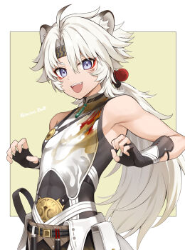 Rule 34 | 1boy, :3, :d, ahoge, animal ear fluff, animal ears, arm guards, artist name, bare shoulders, belt, belt pouch, black gloves, black headband, black ribbon, black shirt, border, brown belt, chinese clothes, claw pose, commentary request, covered collarbone, curtained hair, eyeliner, fangs, fingerless gloves, flipped hair, gloves, green background, grey hair, hair between eyes, hair ornament, hands up, headband, highres, iroiro 0w0, jewelry, lingyang (wuthering waves), lion boy, lion ears, lion tail, long hair, looking at viewer, low ponytail, makeup, male focus, multicolored hair, necklace, open mouth, outside border, parted bangs, ponytail, pouch, purple eyes, red eyeliner, ribbon, shirt, sidelocks, simple background, sleeveless, sleeveless shirt, smile, solo, tail, teeth, twitter username, upper teeth only, white border, white hair, white shirt, wuthering waves