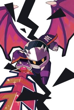 armor galaxia_(sword) highres holding holding_sword holding_weapon kirby_(series) looking_at_viewer mask meta_knight nintendo no_humans pauldrons purano7 shoulder_armor solo sword weapon wings yellow_eyes