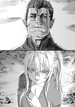 1boy 1girl asanagi bash_(orc_eiyuu_monogatari) blush braid breasts cleavage happy highres judith_(orc_eiyuu_monogatari_sontaku_retsuden) large_breasts light_smile long_bangs long_hair looking_at_another looking_at_viewer orc orc_eiyuu_monogatari_sontaku_retsuden pointy_ears scar scar_on_face short_hair smile