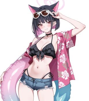 1girl adjusting_eyewear alternate_costume animal_ears bikini bikini_bottom_under_shorts bikini_under_clothes black_bikini blue_archive cat_ears cat_girl colored_inner_animal_ears denim denim_shorts extra_ears eyewear_on_head frilled_bikini frills halo hand_on_eyewear hawaiian_shirt highleg highleg_bikini kazusa_(blue_archive) marisasu_(marisa0904) multicolored_hair open_clothes open_shirt pink_hair pink_halo shirt shorts side-tie_bikini_bottom smile solo swim_ring swimsuit two-tone_hair white_background