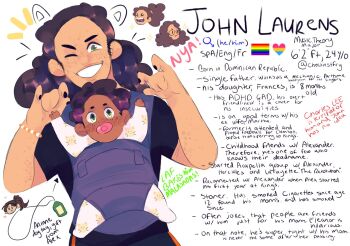 Rule 34 | 1boy, ;d, arms up, ask-crammaster-ham, bad id, bad tumblr id, brown hair, character name, character request, check character, commentary, contrapposto, cowboy shot, dark-skinned male, dark skin, double fox shadow puppet, drawn ears, english commentary, english text, facing viewer, fox shadow puppet, green eyes, grin, hamilton (musical), john laurens, looking at viewer, marquis de lafayette, notice lines, one eye closed, open mouth, pansexual flag, rainbow flag, sideburns, smile, sound effects