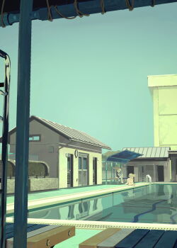 2girls analog_clock animal_ears barefoot black_eyes black_shirt blue_sky brown_hair building clock day denim dog_ears dog_girl dog_tail face-to-face from_side full_body furry furry_female grey_pants hair_over_shoulder hands_on_lap highres hood hood_down hoodie jeans long_hair long_sleeves multiple_girls on_bench orange_hoodie original outdoors pants pool reflection reflective_liquid scenery shirt short_sleeves sitting sky snout straight_hair t-shirt tail taracod wide_shot