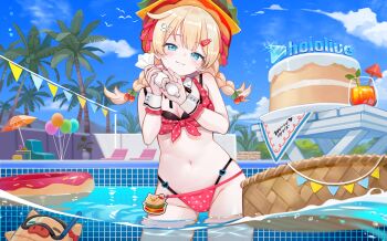 Rule 34 | 1girl, absurdres, adapted costume, akai haato, akai haato (waitress), aqua eyes, bikini, black bikini, blonde hair, blue sky, braid, breasts, burger hat, cleavage, closed mouth, cloud, commentary, contrapposto, day, front-tie bikini top, front-tie top, haaton (akai haato), hair ornament, hairclip, highleg, highleg bikini, highres, holding, hololive, layered bikini, long hair, looking at viewer, low twin braids, medium breasts, navel, official alternate hairstyle, outdoors, partially underwater shot, polka dot, polka dot bikini, red bikini, sky, smile, solo, swimsuit, symbol-only commentary, twin braids, virtual youtuber, wading, water, wrist cuffs, yoshikawa hiro