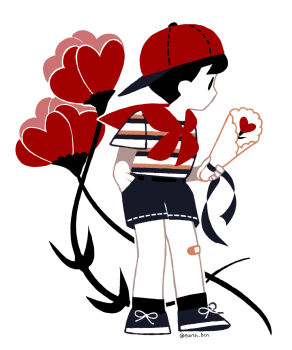 Rule 34 | 1boy, backwards hat, bandaid, bandaid on knee, bandaid on leg, baseball cap, belt, commentary, english commentary, flower, full body, hand in pocket, hat, highres, holding, holding flower, limited palette, male focus, mother (series), mother 1, neckerchief, ninten, nintendo, ribbon, shirt, short hair, short sleeves, simple background, solid oval eyes, solo, striped clothes, striped shirt, tanba (tanba-art), white background