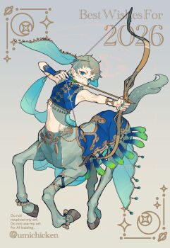 1girl 2026 absurdres arabian_clothes arrow_(projectile) blue_eyes bow_(weapon) centaur green_eyes grey_background highres holding long_sleeves looking_at_viewer monster_girl navel original sea_chicken_(umichicken) short_hair solo standing taur twitter_username weapon