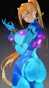 1girl ass blonde_hair blue_bodysuit blue_eyes blush bodysuit breasts commentary_request eyelashes high_ponytail highres impossible_bodysuit impossible_clothes large_breasts long_hair looking_at_viewer metroid mole mole_under_mouth nintendo parted_lips ponytail samus_aran skin_tight solo yasaikakiage zero_suit