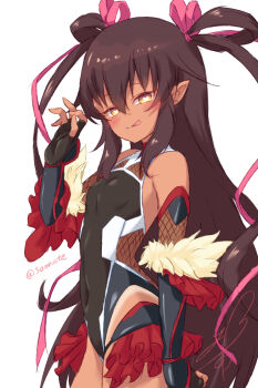 Rule 34 | 1girl, :p, absurdres, blush, bright pupils, brown hair, commentary request, covered navel, dark-skinned female, dark skin, fishnets, flat chest, frilled leotard, frills, hair ribbon, half-closed eyes, hand up, highres, leotard, mizuki yukikaze, one-piece tan, pink ribbon, pointy ears, ribbon, simple background, soanote, solo, taimanin (series), taimanin suit, taimanin yukikaze, tan, tanline, tongue, tongue out, twitter username, two side up, white background, white pupils, yellow eyes