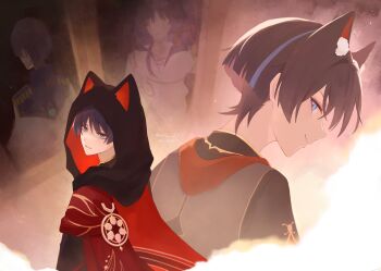 Rule 34 | 4boys, alternate costume, anemo symbol (genshin impact), animal ear fluff, animal ear hood, animal ears, animal print, bird print, black hair, black hood, black shirt, black sleeves, blue eyes, blue gem, blue hair, blunt ends, cape, cat boy, cat ears, closed mouth, cross-laced clothes, cross-laced top, epaulettes, eyeliner, faceless, faceless male, facing away, fake animal ears, formal clothes, gem, genshin impact, gold, gold trim, hashtag-only commentary, head down, highres, hood, hood up, hooded shirt, looking at viewer, looking back, makeup, military uniform, multicolored hair, multiple boys, multiple persona, parted bangs, parted lips, red cape, red eyeliner, scaramouche (genshin impact), scaramouche (kabukimono) (genshin impact), shaded face, shirt, smile, streaked hair, tsurime, twitter username, vision (genshin impact), wanderer (genshin impact), white cape, white shirt, white trim, wispy bangs, yuii 03