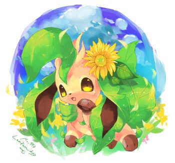 Rule 34 | animal focus, brown eyes, character name, commentary request, flower, gen 4 pokemon, grass, leafeon, looking at viewer, nintendo, no humans, open mouth, petals, pokemon, pokemon (creature), prism0316, solo, sunflower