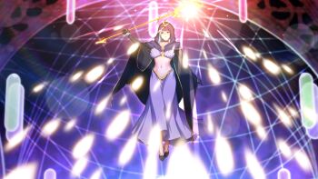 Rule 34 | 1girl, breasts, cape, cleavage, cloak, danmaku, dress, floating, game cg, gloves, holding, holding staff, hood, large breasts, large variant set, long hair, lunaris (lunaric angels), magic, magic circle, midriff, nanao (mahaya), navel, non-web source, ochite iku seisenshi lunatic angels, official art, purple hair, red eyes, runes, solo, staff, underboob, variant set