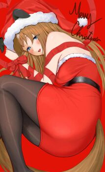 1girl absurdres amasa_(ama_sa3) animal_ears belt black_belt black_gloves black_pantyhose blue_eyes blush bound bow breasts brown_hair dress ear_covers ears_through_headwear fur-trimmed_dress fur-trimmed_headwear fur_trim gloves grass_wonder_(umamusume) hat highres horse_ears horse_girl horse_tail long_hair looking_at_viewer lying medium_breasts multicolored_hair on_side open_mouth pantyhose red_bow red_dress red_hat red_ribbon ribbon santa_costume santa_dress santa_hat smile solo strapless strapless_dress tail tied_up_(nonsexual) umamusume white_hair