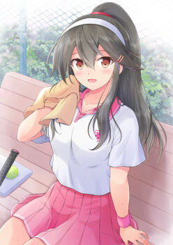 1girl ball bench blush breasts chain-link_fence commission day fence haruna_(kancolle) kantai_collection long_hair looking_at_viewer medium_breasts ponytail racket shirt shizuna_kaede short_sleeves sitting skeb_commission skirt solo sportswear tennis_ball tennis_racket tennis_skirt tennis_uniform towel
