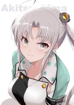 1girl ahoge akitsushima_(kancolle) armpit_cutout breasts character_name closed_mouth clothing_cutout from_above green_shirt grey_eyes grey_hair hat kantai_collection kimura_shiki long_hair looking_at_viewer medium_breasts mini_hat one-hour_drawing_challenge shirt side_ponytail sidelocks simple_background smile solo upper_body watermark white_background