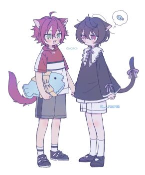 2boys :d aged_down ahoge animal_ears black_hair black_shirt blush bow bowtie cat_ears cat_tail child collared_shirt commentary deformed ensemble_stars! fang fish footwear_bow full_body green_eyes grey_shorts hair_between_eyes hand_grab highres holding holding_stuffed_toy hood hood_down image_in_thought_bubble isara_mao janus_(ensemble_stars!) kemonomimi_mode long_sleeves loose_hair_strand male_focus multicolored_shirt multiple_boys open_mouth purple_bow purple_bowtie purple_hair purple_ribbon red_hair red_shirt reo0 ribbon sakuma_ritsu shirt shoes short_sleeves shorts sleeves_past_wrists smile sneakers socks stuffed_animal stuffed_fish stuffed_toy tail tail_bow tail_ornament white_shorts white_socks