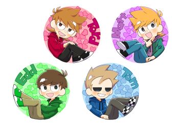 Rule 34 | 4boys, :d, antenna hair, black pants, black shoes, blue hoodie, blue pants, blush, brown eyes, brown hair, brown pants, character name, checkered shoes, chibi, chibi only, commentary, denim, drawstring, edd (eddsworld), eddsworld, english text, finger gun, flipped hair, full body, green eyes, green hoodie, green jacket, green shoes, grey eyes, grey pants, grin, hair behind ear, hair ears, hand on own chin, heart, highres, hollow eyes, hood, hood down, hoodie, jacket, jeans, jitome, long sleeves, looking at viewer, male focus, matt (eddsworld), multiple boys, open clothes, open jacket, open mouth, orange hair, pants, purple hoodie, red hoodie, roshii (ionlw0gynh24926), shoes, short hair, simple background, sitting, smile, sneakers, spiked hair, tom (eddsworld), tord (eddsworld), white background