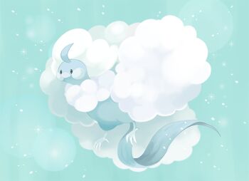 altaria animal animal_focus aqua_theme beak bird blue_feathers blue_theme cloud cloud_hair feathers fluffy from_side full_body gen_3_pokemon konanbo looking_afar looking_ahead mega_altaria mega_evolution mega_pokemon nintendo no_humans orb plume pokemon pokemon_(creature) solid_eyes solid_oval_eyes solo solo_focus sparkle_background