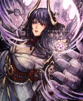 1girl alternate_costume armor blunt_bangs breasts bridal_gauntlets cleavage commentary electricity electro_symbol_(genshin_impact) english_commentary fake_horns floating genshin_impact glowing gupoi_art headpiece highres horns japanese_armor japanese_clothes kimono leaning_to_the_side light_blush long_hair looking_to_the_side mechanical_arms medium_breasts mitsudomoe_(shape) mole mole_under_eye neck_ribbon off_shoulder parted_lips purple_eyes purple_hair purple_kimono raiden_shogun raiden_shogun_(magatsu_mitake_narukami_no_mikoto) red_lips red_ribbon red_sash ribbon sash solo tomoe_(symbol) transformation upper_body vision_(genshin_impact)